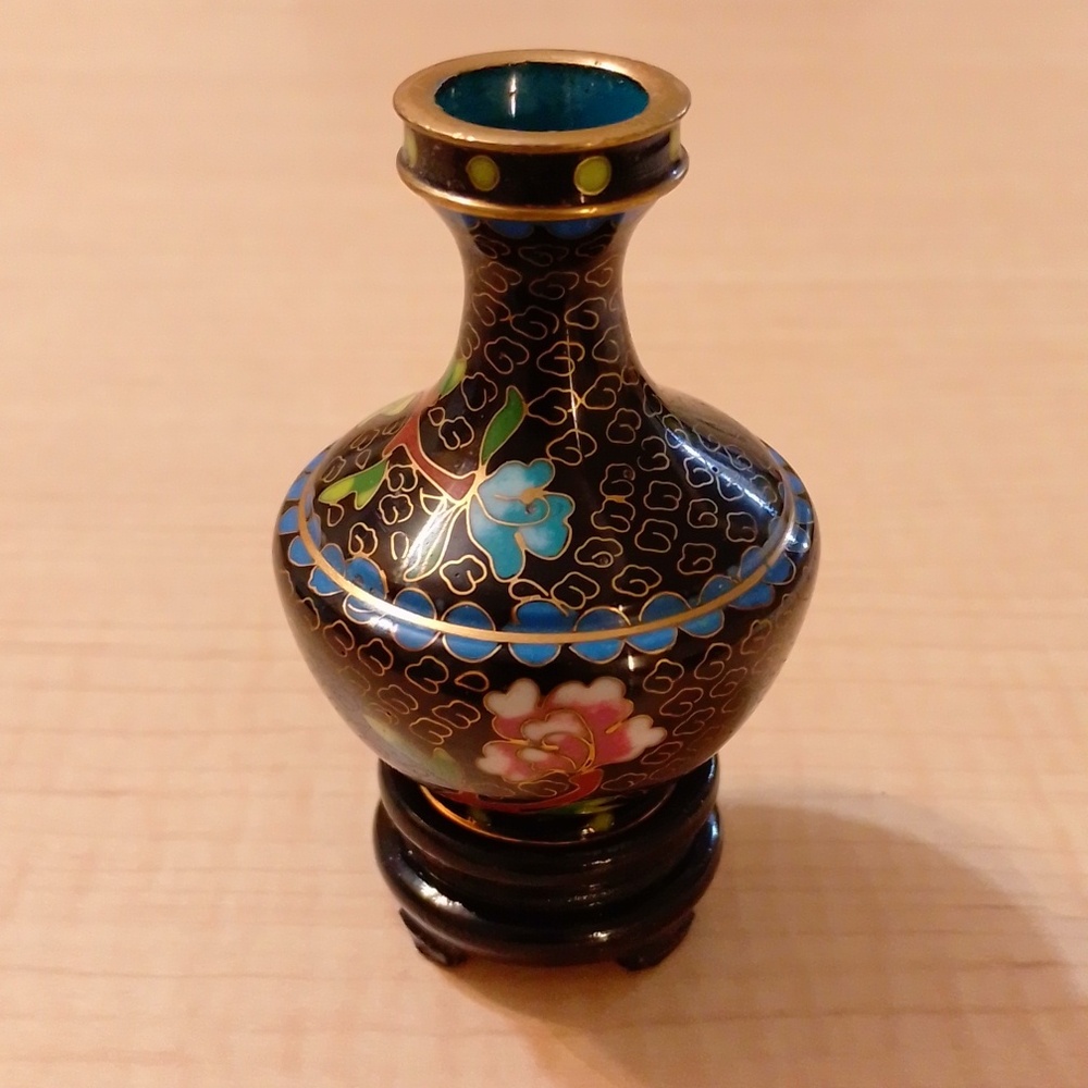New Vintage Cloisonne Mini Vases Wooden Display Stand